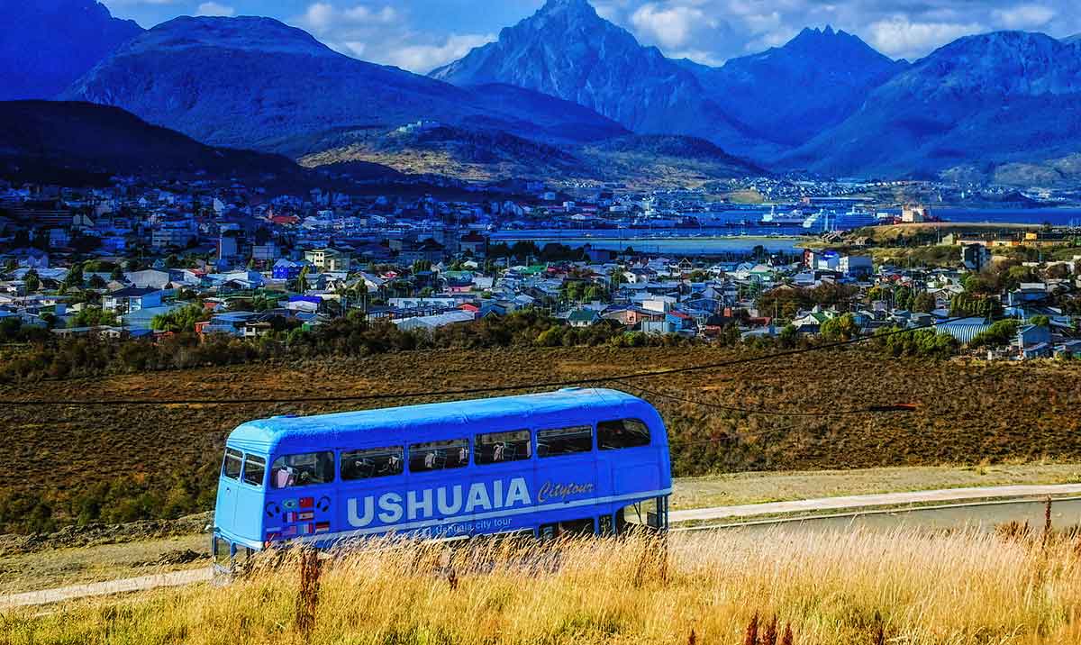 Touristic double decker bus at Ushuaia town, Argentina