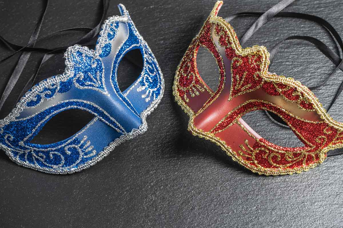 The Colombina, red, blue carnival or masquerade mask.