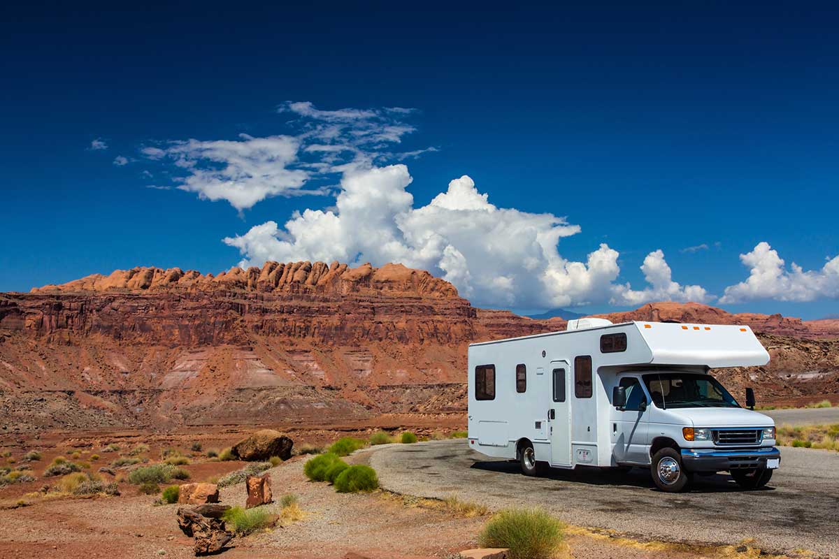 Driving a RV in Canyonlands National Park, Utah.