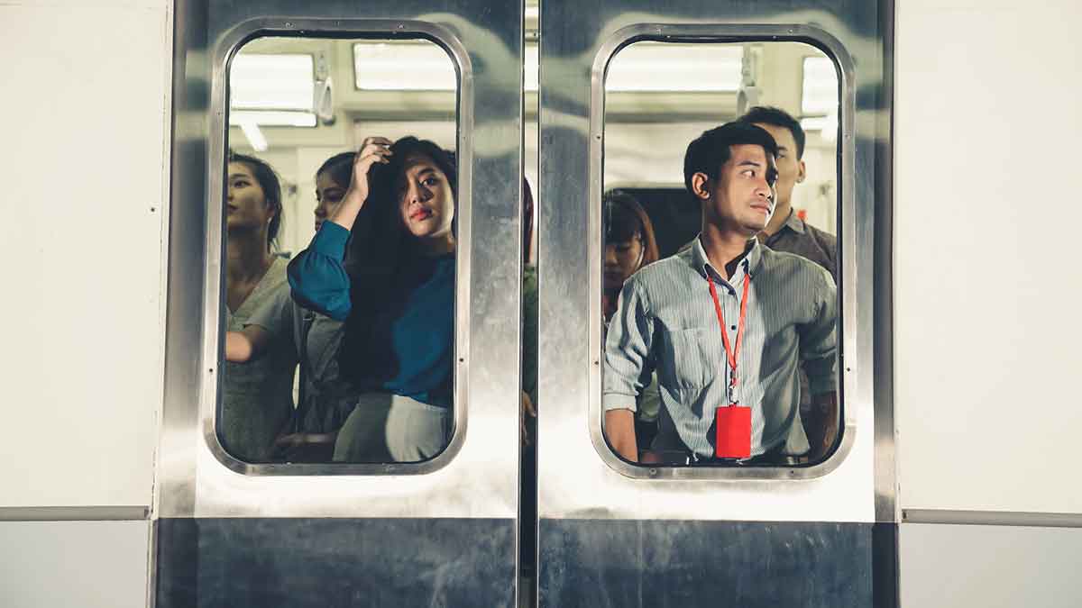 people waiting to leave the subway in New York City.