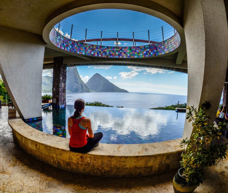 View of the Pitons from the rooftop club at Jade Mountain Resort in St. Lucia