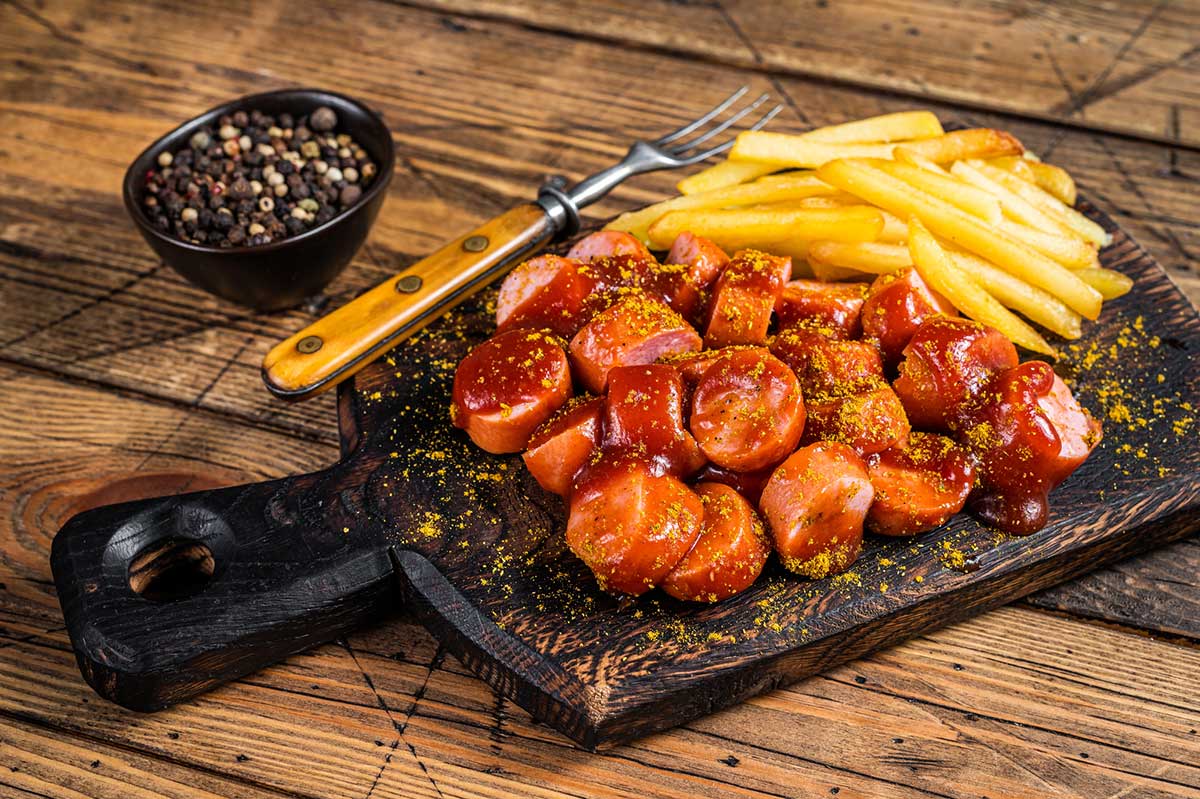 Curry wurst Sausages with French fries on a wooden board. wooden background.