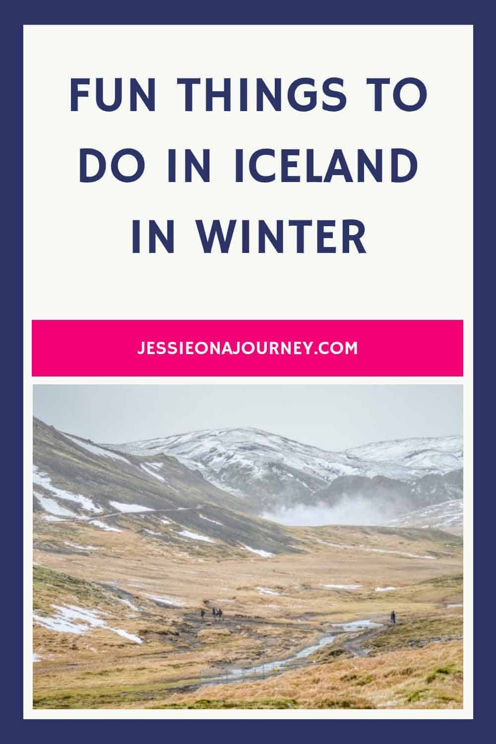 Pinterest pin that shows a snowy mountain in Iceland in winter