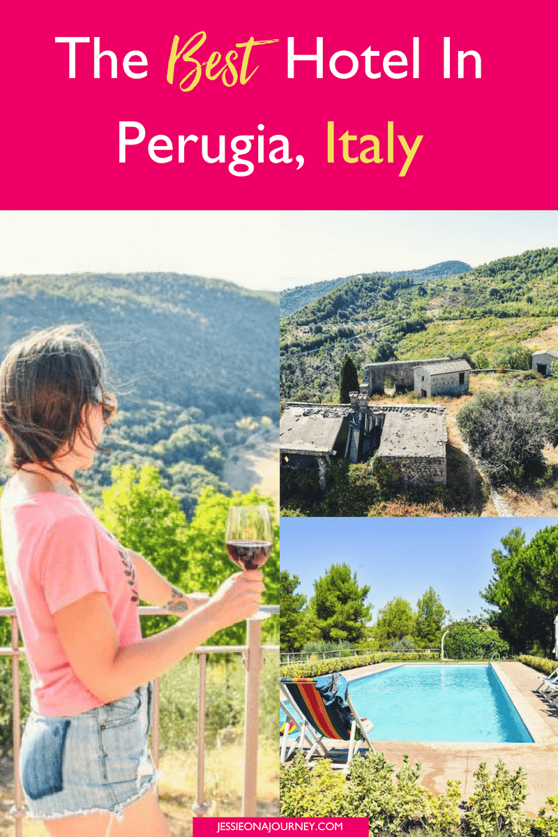 Italy travel just got even better; at least, if you stay in this unforgettable Perugia hotel, complete with olive groves, hiking trails, villas, sweeping hillside views and an in-ground pool with lawn games. Talk about an incredible Italy vacation! // #PerugiaItaly #PerugiaThingsToDo #ItalyTravel #ItalyVacation #EuropeTravel #PerugiaHotels
