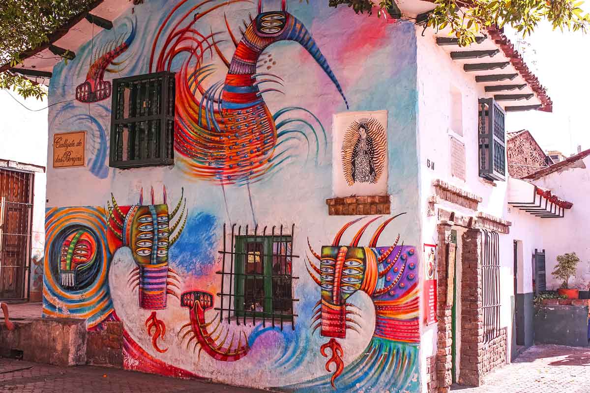 Colourful artwork in the historic neighborhood of Candel, Bogota, Colombia.