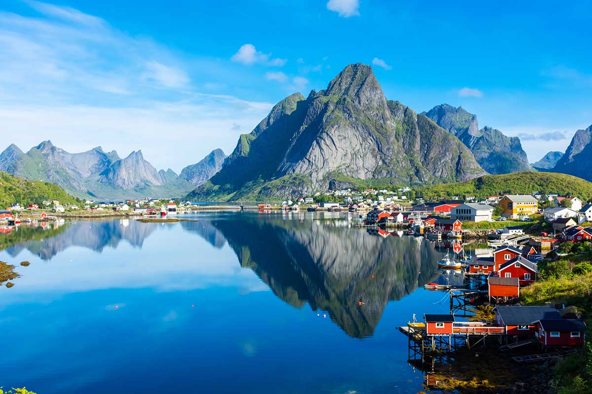 Perfect reflection of the Reine village on the water of the fjord in the Lofoten Islands, Norway.