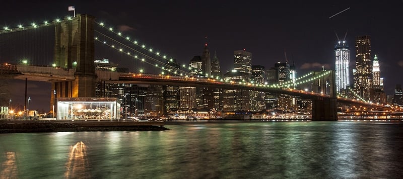 The Brooklyn Bridge offers one of the best place to see the New York skyline at night