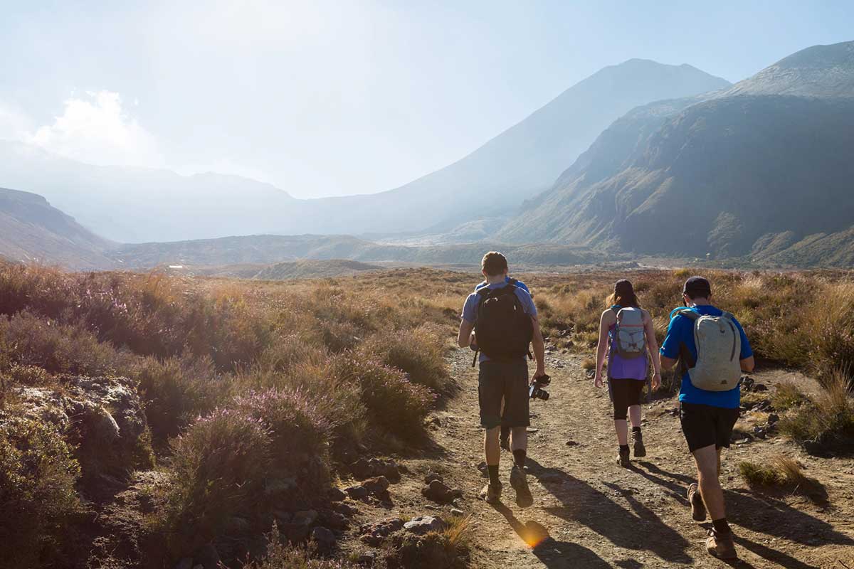 A group of people hiking in the Tongariro National park, New Zealand.