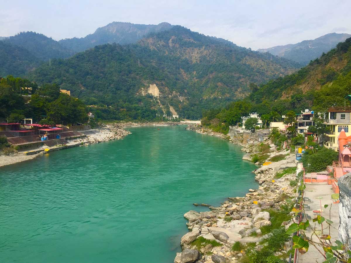 Beautiful view of the clear Ganga river in Rishikesh, India.