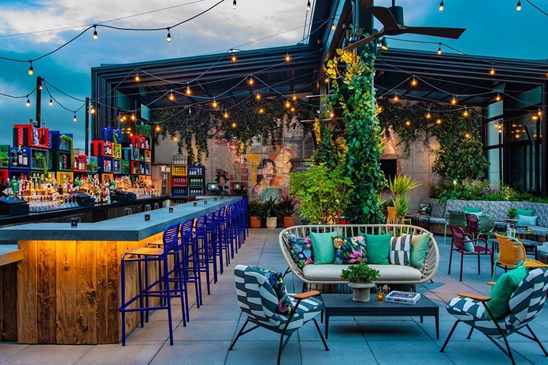 The Ready rooftop bar at Moxy Hotel is one of the most Instagram-worthy outdoor restaurants in NYC