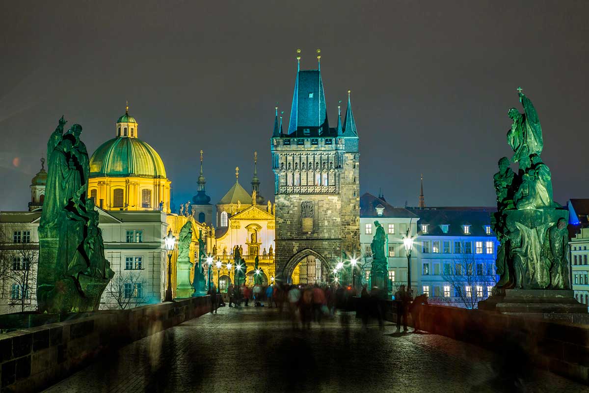 Karlov or charles bridge in Prague at night.