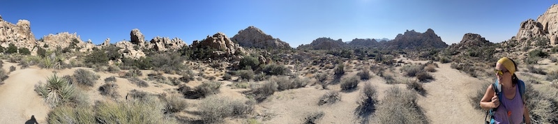 A panoramic view of the Hidden Valley Nature Trail in Joshua Tree National Park