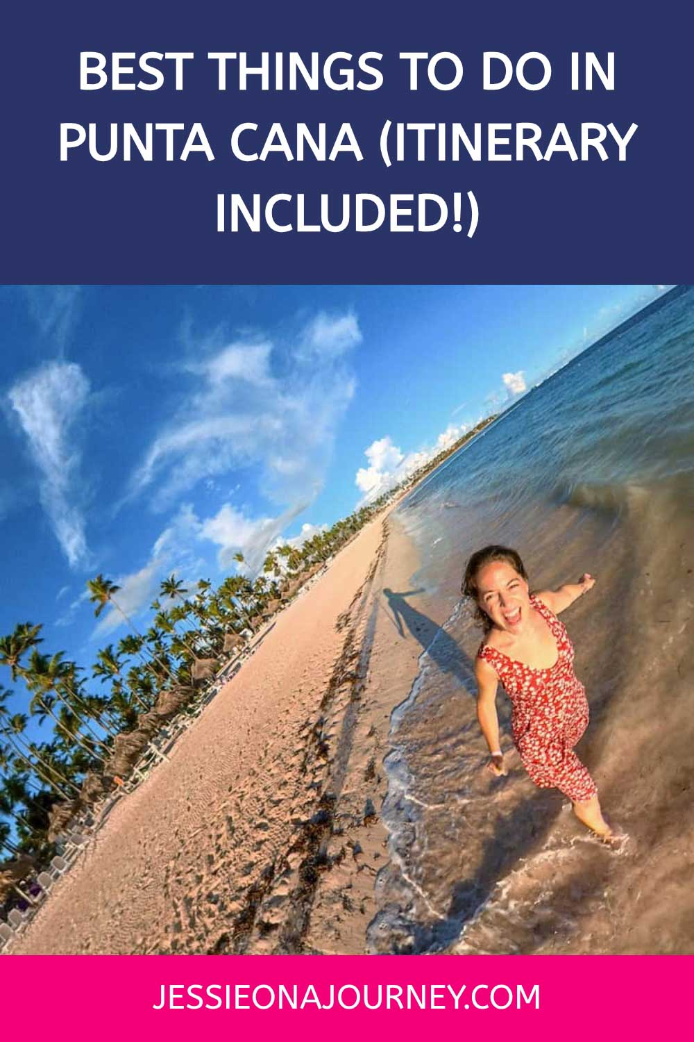 Pinterest pin that shows a woman walking on the shore in Punta Cana.