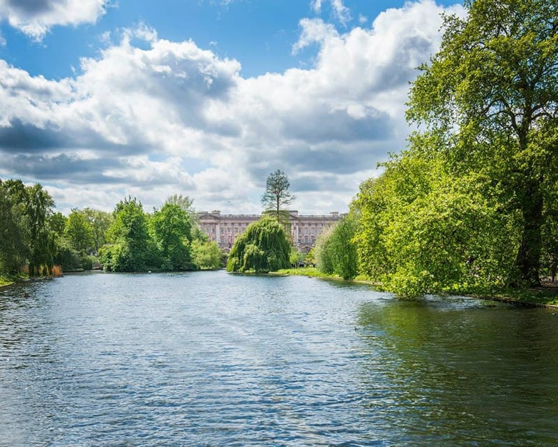 Viewing Buckingham Palace from St. James Park on a solo trip to London
