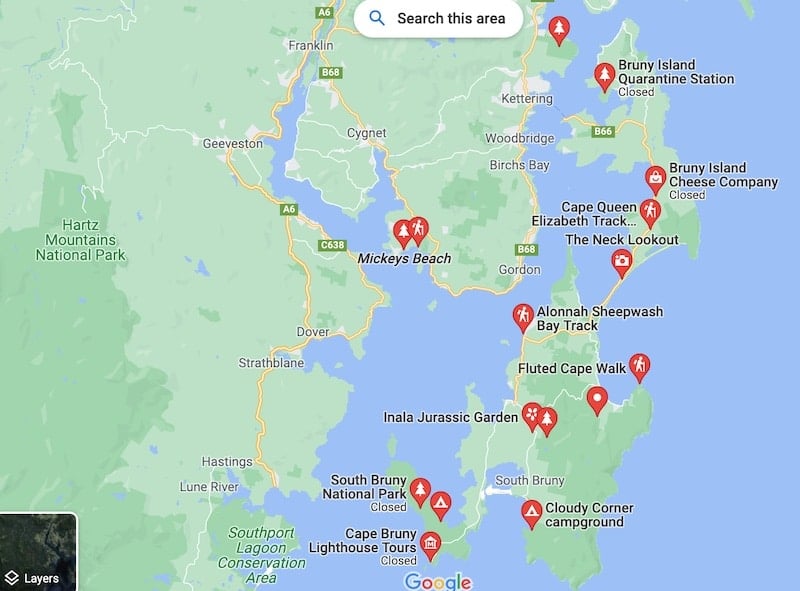 Bruny Island map showing local trails
