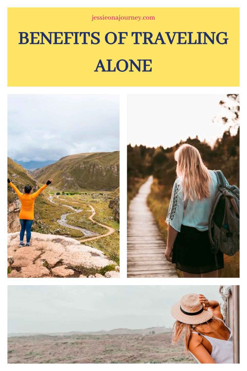 Pinterest graphic titled โBenefits of Traveling Alone,โ featuring solo travelers exploring scenic landscapes, walking a forest boardwalk with a backpack, and enjoying a view from a train window, highlighting the freedom and adventure of solo travel.