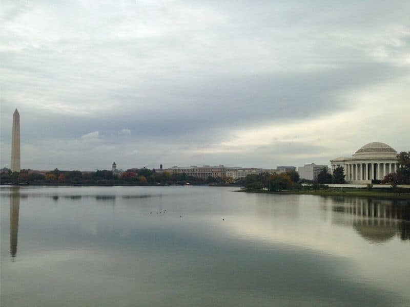 View of the Washington Monument, Potomac River, and Thomas Jefferson Memorial in Washington DC during a solo trip to the US