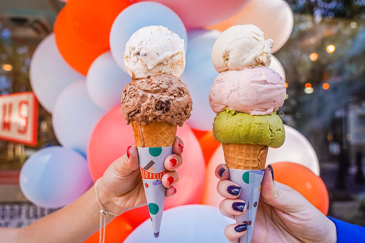 Two ice cream cones from Oddfellows ice cream parlor in NYC.