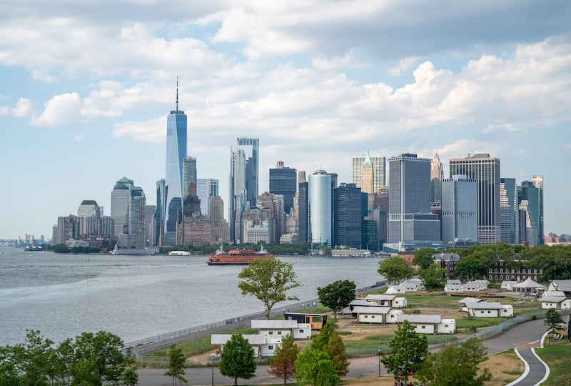 Manhattan skyline view from The Hills of Governors Island in NYC