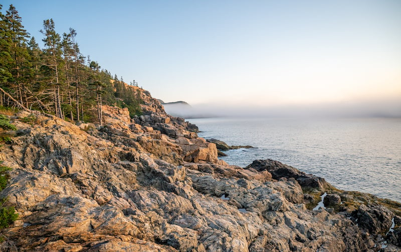 woman seeing the Otter Cliff coastline during an Acadia National Park sunrise hike