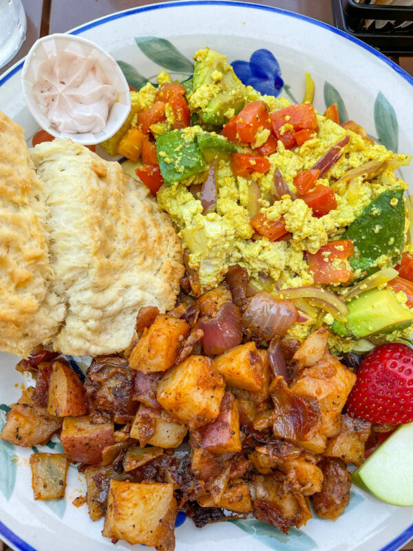 Tofu scramble with a biscuit and spicy homefries at 2 Cats Restaurants in Bar Harbor on a Maine road trip
