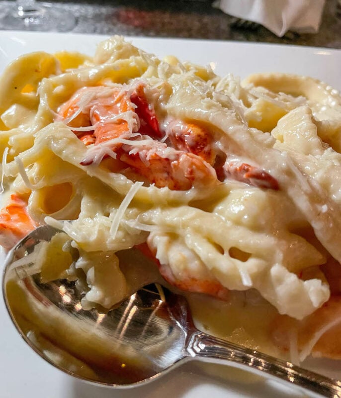 Lobster fettuccini at Peter Ott’s On The Water in Camden on a tour of the Maine coast
