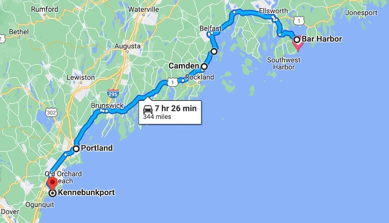 coastal Maine road trip itinerary map