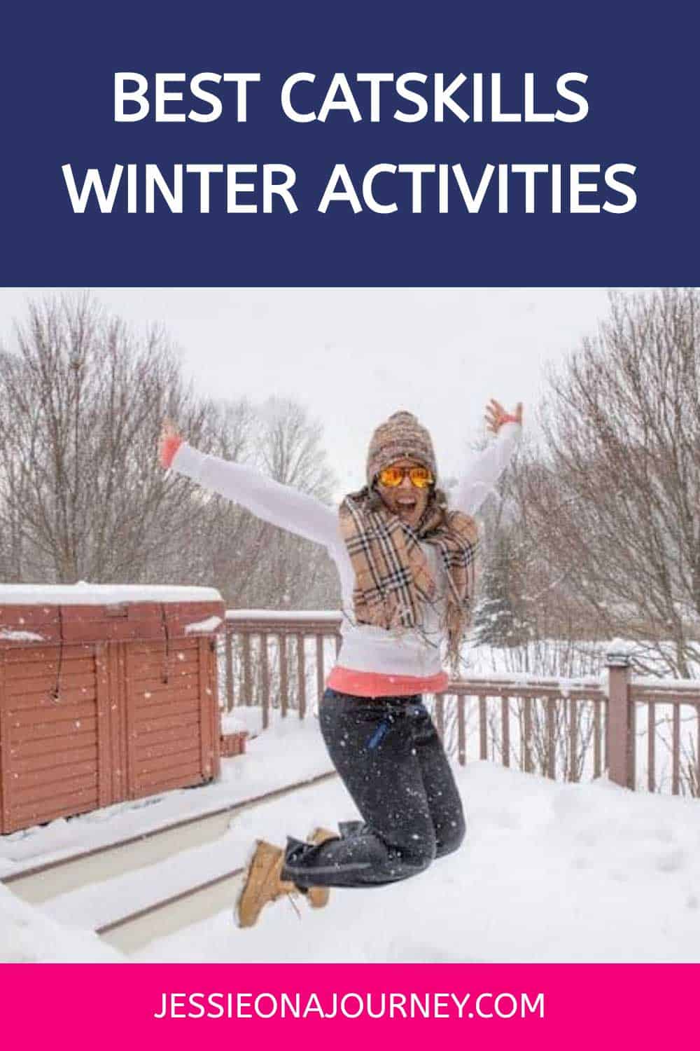 Pinterest pin that has an image of Jessie in the Catskills in winter.