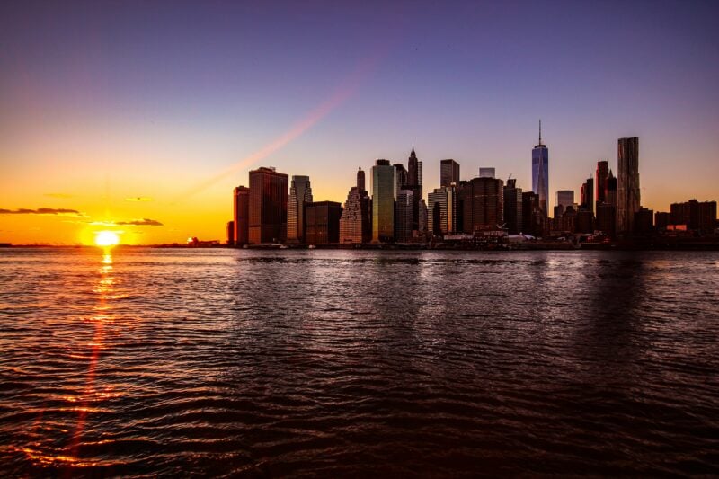 Manhattan skyline at sunset as seen from the New York Harbor