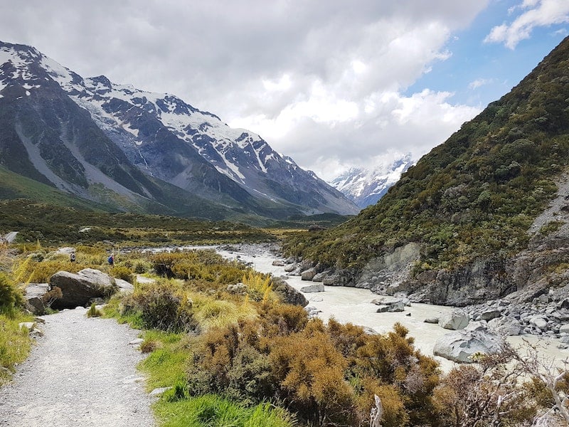 View of snow-capped mountains along the Hooker Valley trail 