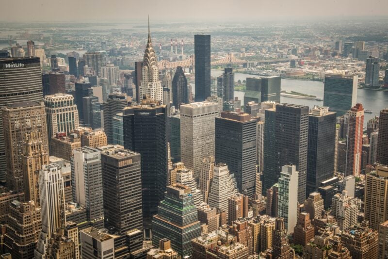 The Manhattan skyline from above with a view of the Chrysler Building