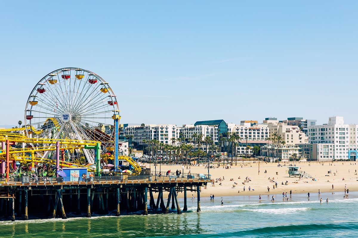 Aerial Shot of the Santa Monica Pier in LA, California.