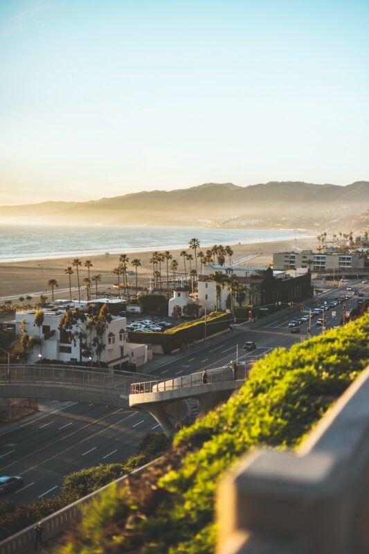 Beach, palm trees and streets of Santa Monica in Los Angeles, California