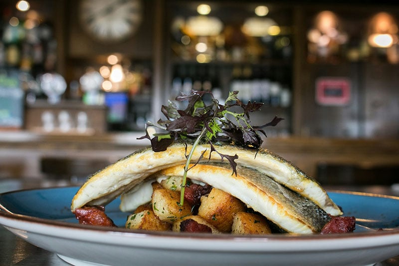 Photograph of sea bass dish in Flanagan’s Pub, Brickens, Claremorris, County Mayo, Ireland.