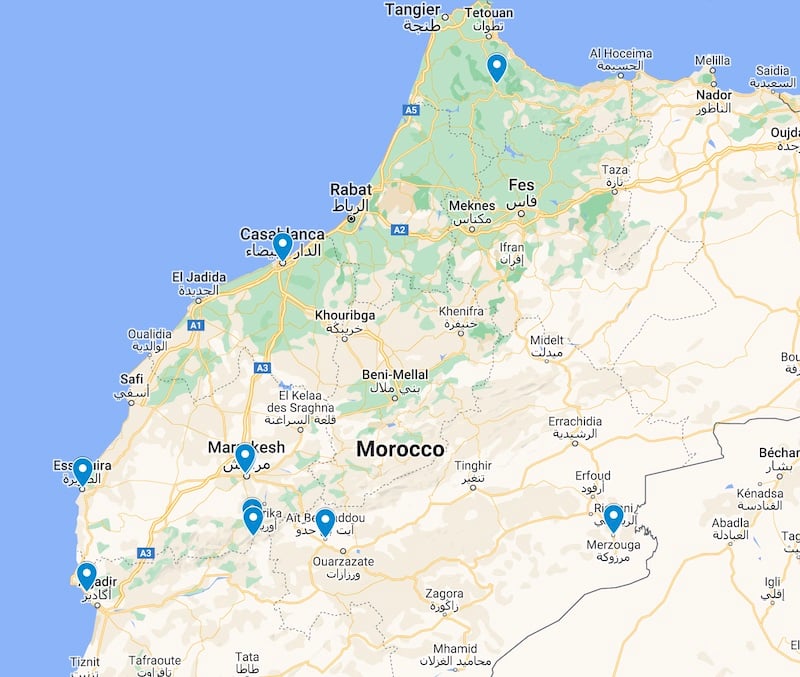 map showing the best places to travel solo in Morocco