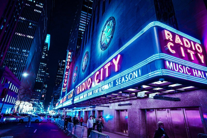 Radio City Music Hall in the rain in NYC