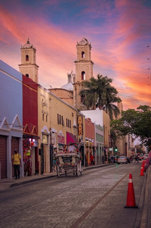 colorful buildings at sunset in Merida, Mexico