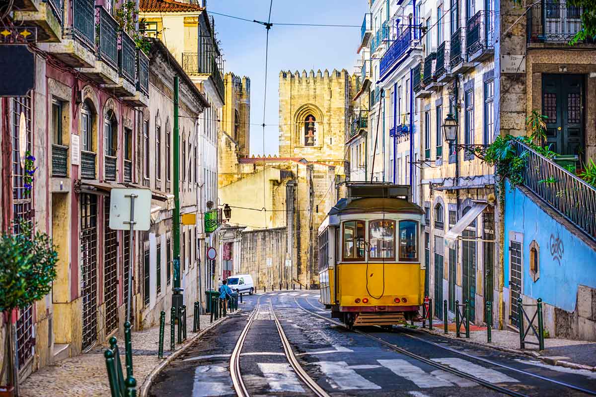 A close up photo of a tram in Lisbon, Portugal.