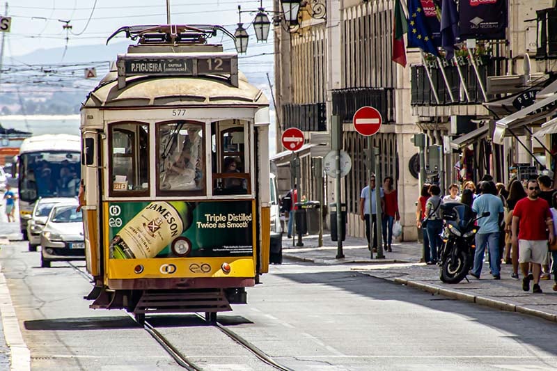 A close up photo of a tram in Lisbon, Portugal.