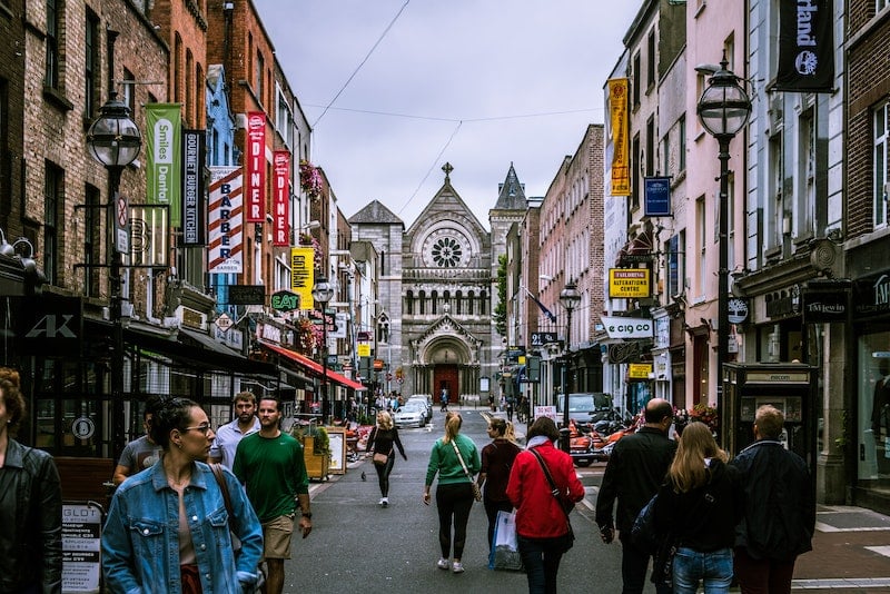 A busy street in Dublin filled with people