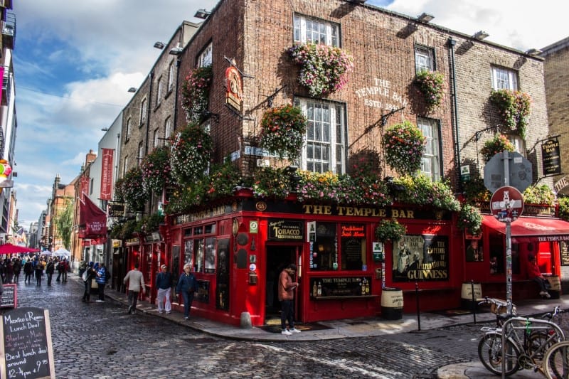 visiting the red facade Temple Bar during solo travel in Dublin 