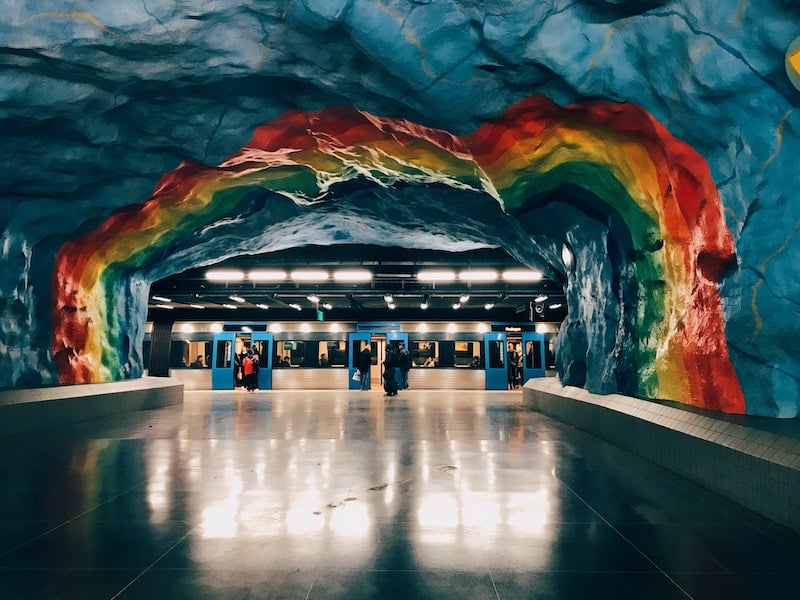 colorful walls at Stadion Metro Station in Stockholm, Sweden