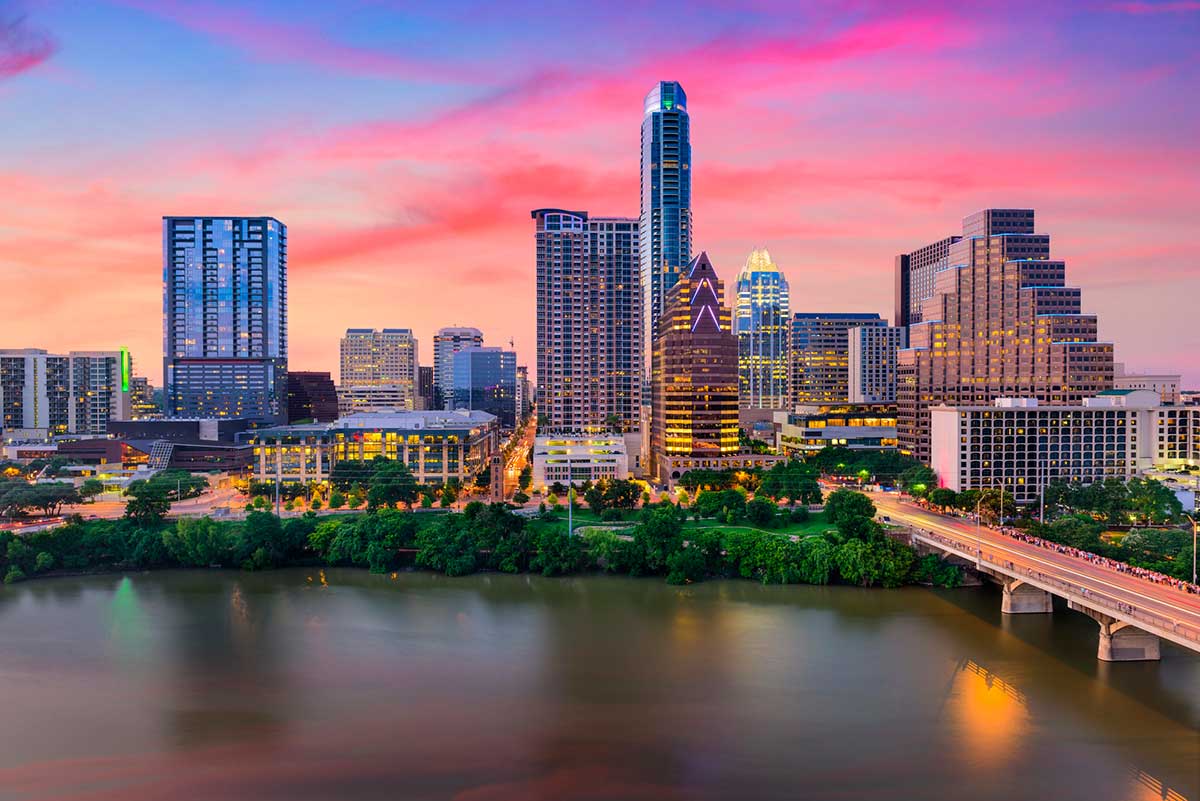 Austin Texas skyline at sunset.