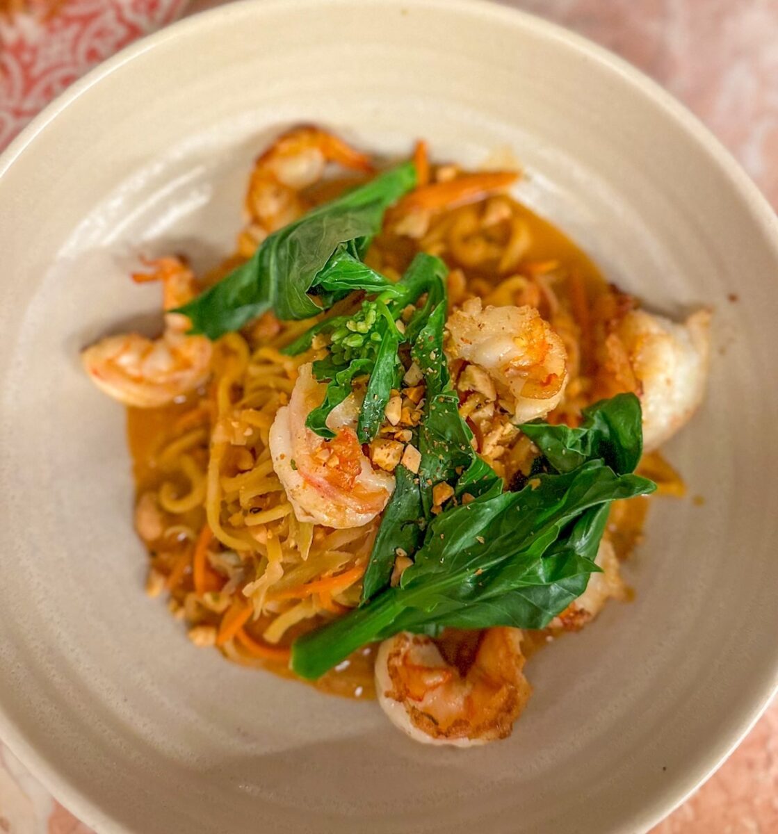 Pasta Seca meal topped with shrimp at Soledad in the Upper East Side