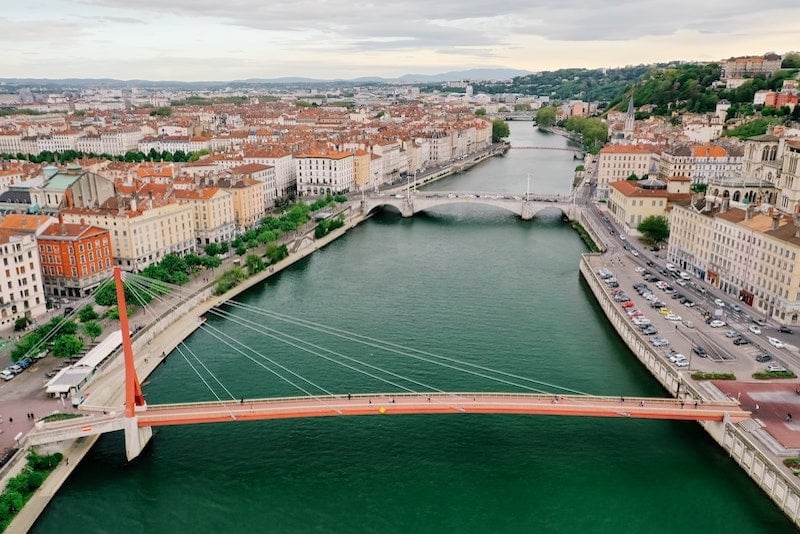 Ariel view of Palais de Justice Footbridge above Saone River in Lyon, France