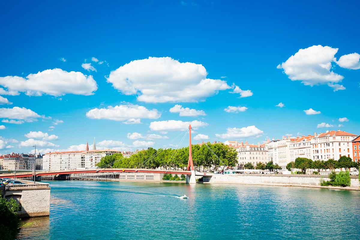 Aerial view of Palais de Justice Footbridge above Saone River in Lyon, France.