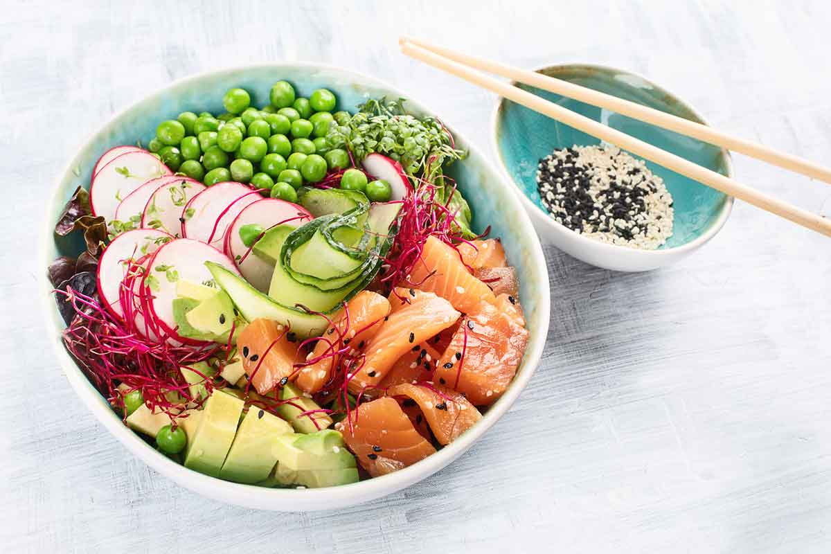 Raw Organic Ahi Salmon Poke Bowl.