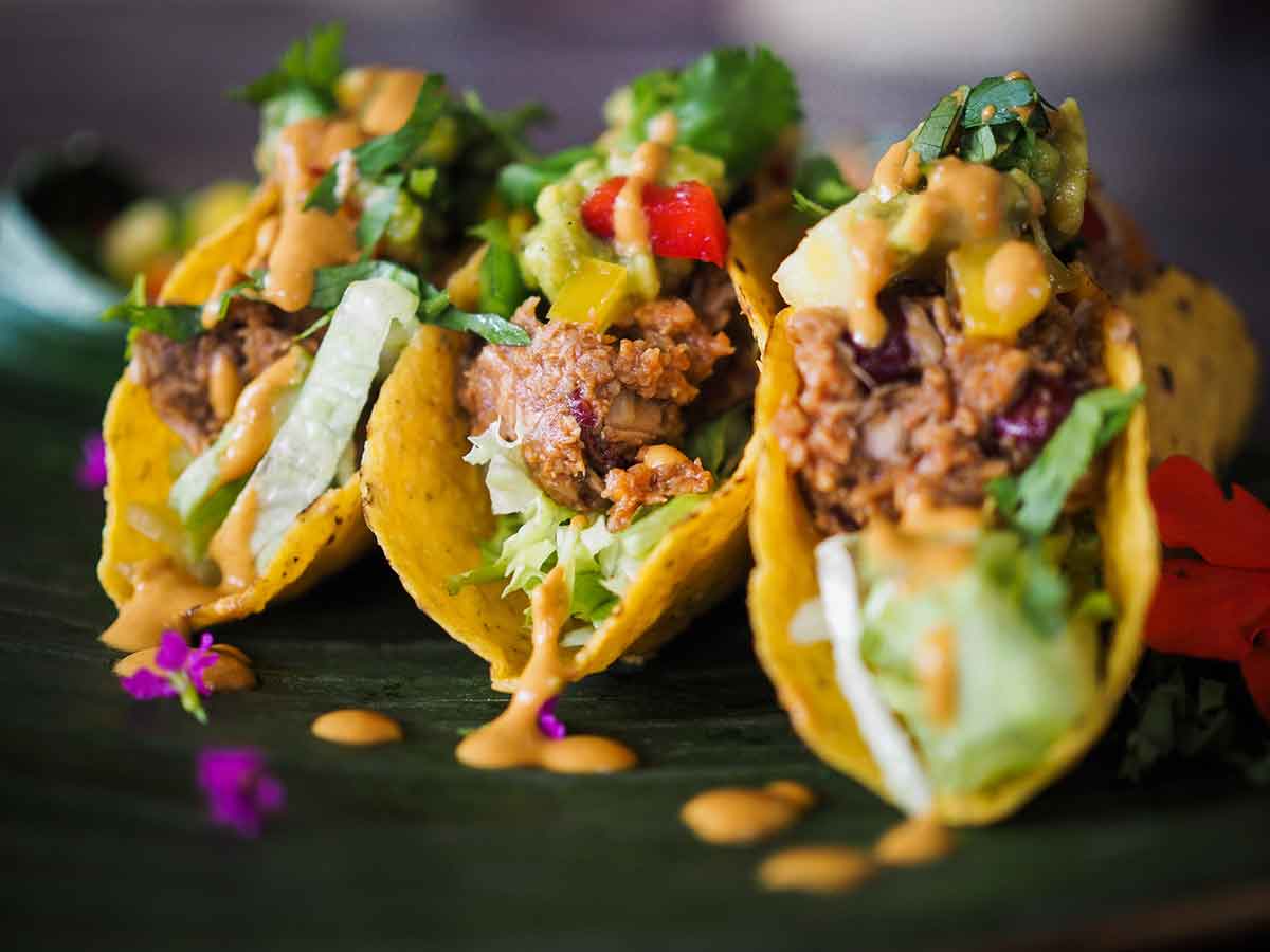 Close up photo of vegan jackfruit tacos in a Brooklyn tour, NYC.
