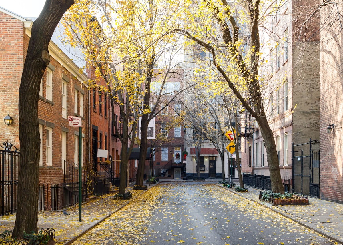 A ground-level view of a peaceful, tree-lined street in the West Village, NYC, during autumn. Golden-yellow ginkgo leaves blanket the asphalt road and sidewalks. Mature trees with thinning yellow foliage frame the view of historic red-brick townhomes and brownstones. On the right, a black wrought-iron fence runs along the sidewalk, while a "No Parking Anytime" sign stands on the left. The soft, bright daylight creates a serene atmosphere in this iconic neighborhood.