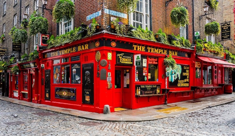 red exterior of The Temple Bar in Dublin
